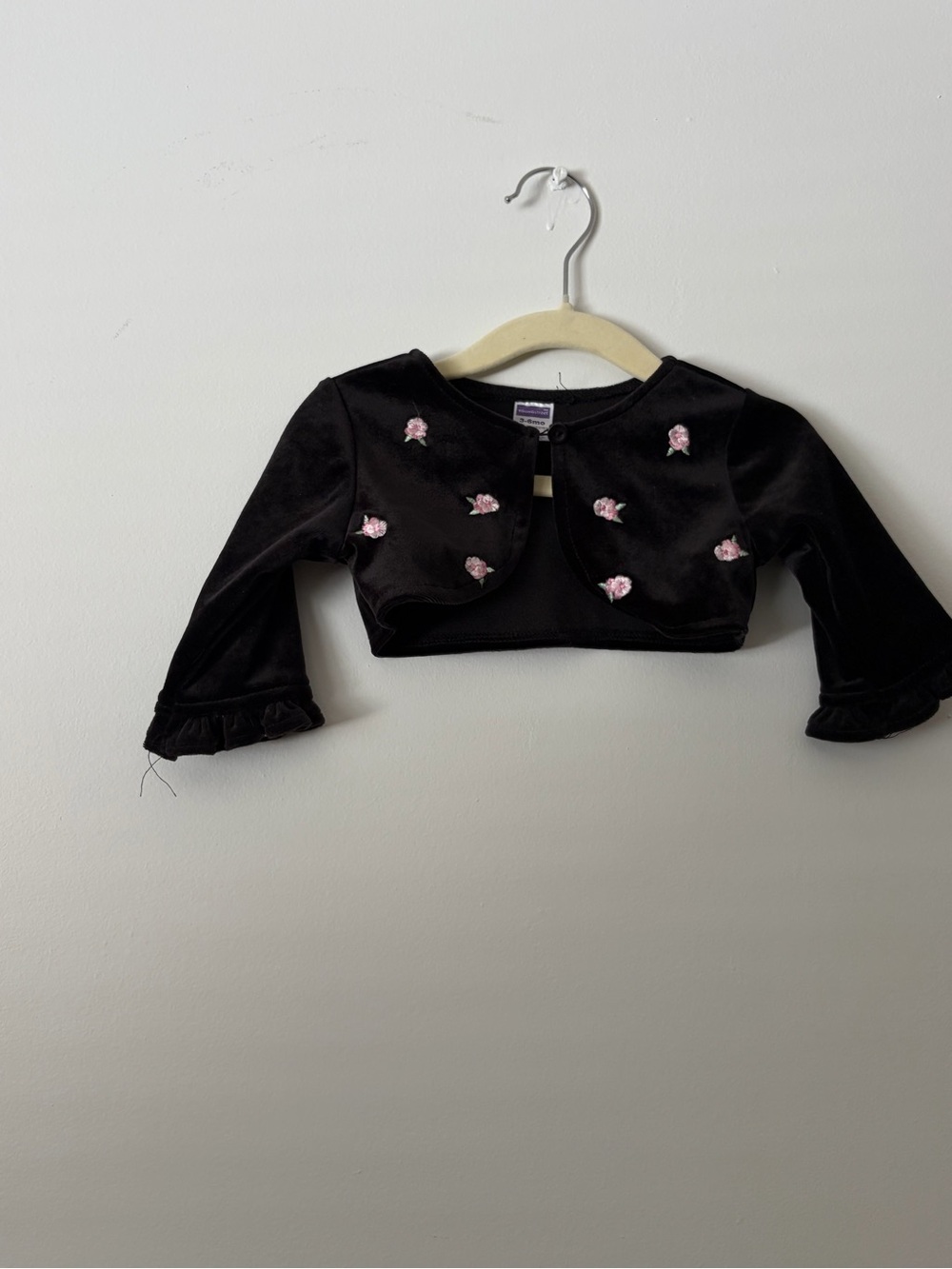 Black Velvet Cropped Micro Cardigan with Pink Rose Embroidery